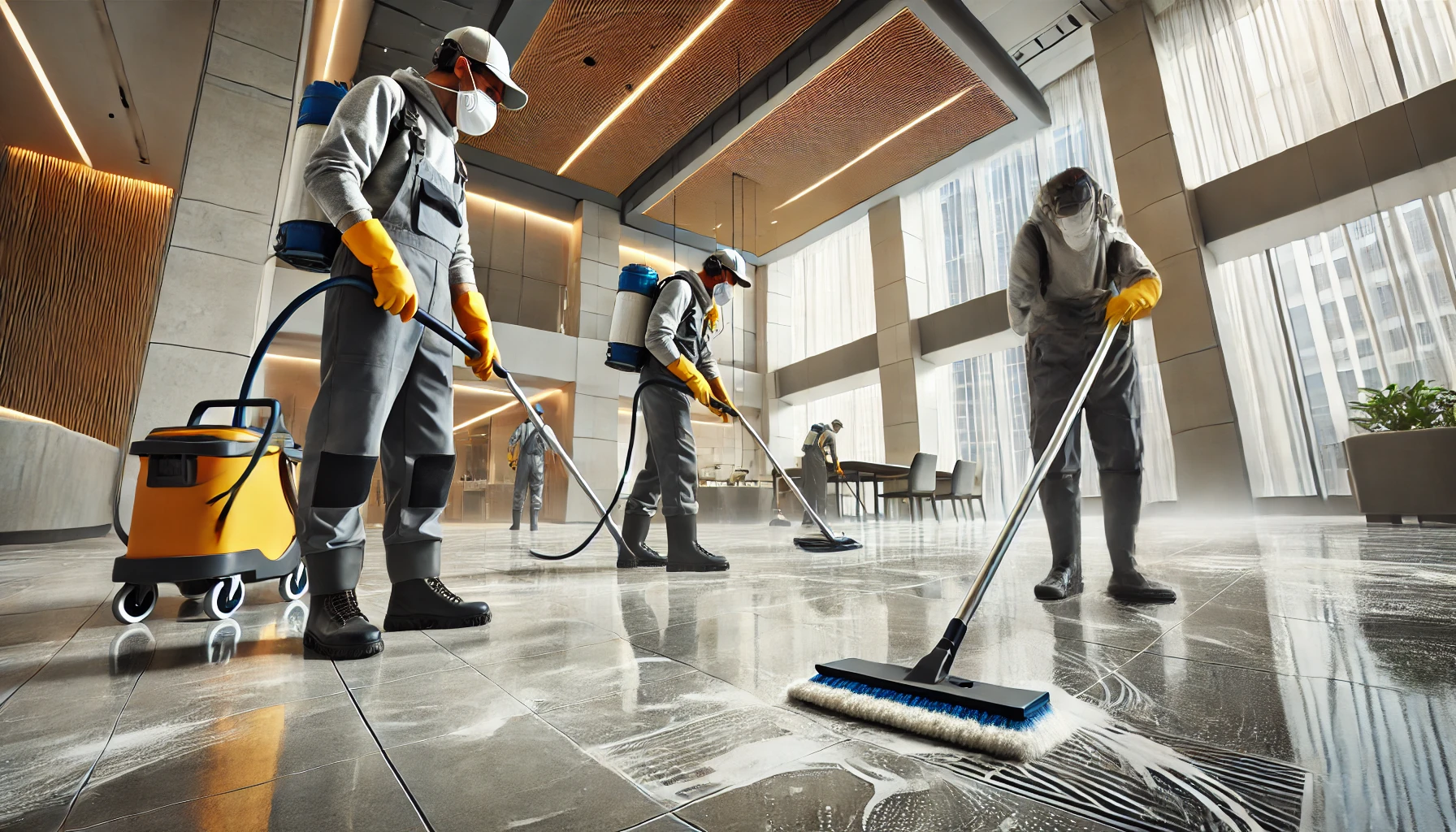 Dall·e 2024 12 28 09.10.44 A Professional Cleaning Team Performing Deep Cleaning Of Floors And Surfaces In A Newly Constructed Building After The Completion Of Construction. The