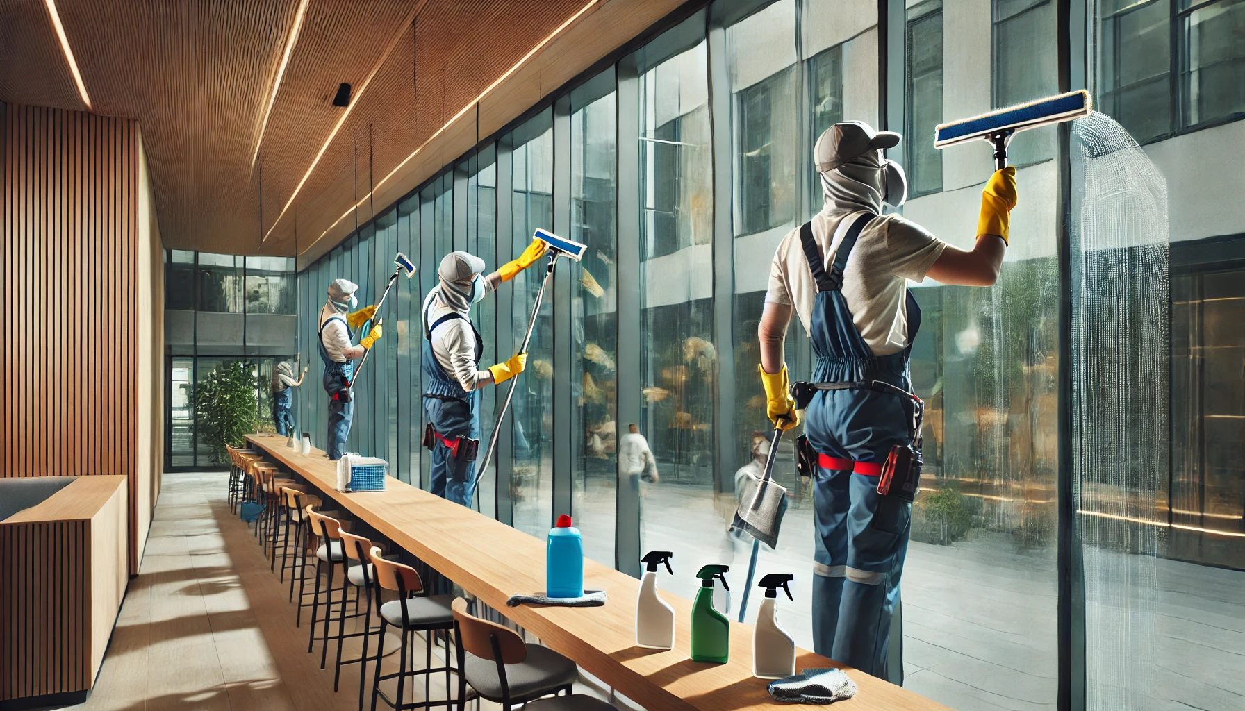 Dall·e 2024 12 28 09.13.04 A Professional Cleaning Team Meticulously Cleaning Glass Windows And Wooden Or Aluminum Frames As Part Of Post Construction Cleaning. Workers Are Wear