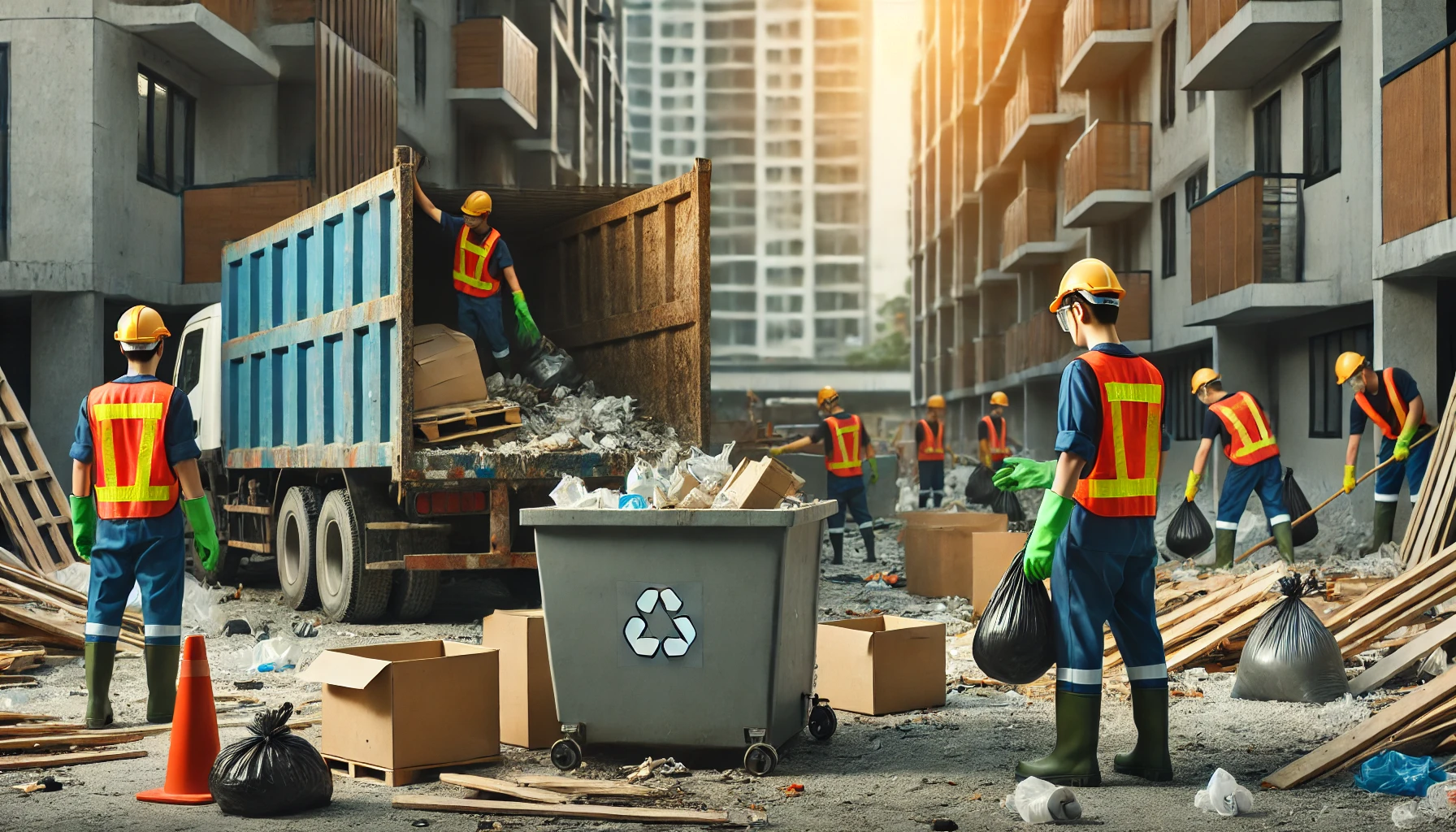 Dall·e 2024 12 28 09.13.31 A Scene Of Professional Workers Managing Waste And Debris As Part Of Post Construction Cleaning. Workers Wearing Safety Gear Such As Gloves And Reflec